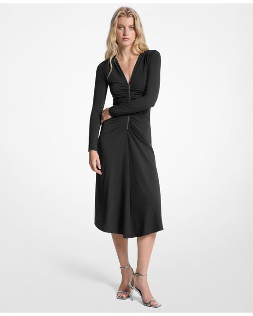 Michael Kors Women's Black Michael Ruched Long Sleeve Midi Dress -  benaras.co