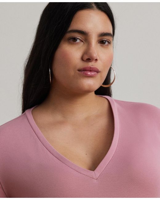 Ralph Lauren Pink Plus Size Stretch Cotton Elbow-sleeve V-neck Tee
