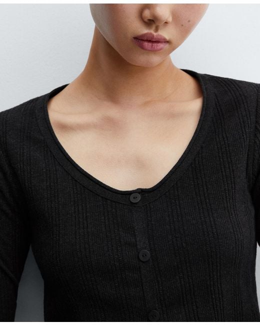 Mango Black Knit Button T-shirt