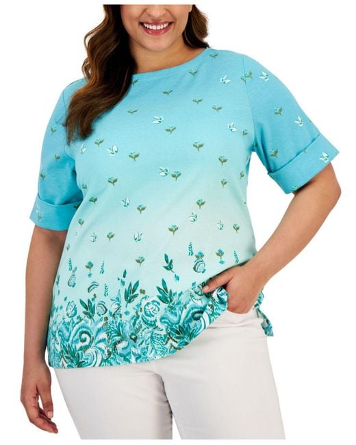 Karen Scott Blue Plus Size Elbow-sleeve Boatneck Top, Created For Macy's