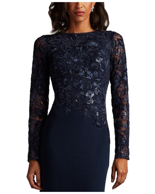 Tadashi Shoji Blue Forena Embroidered Crepe Gown