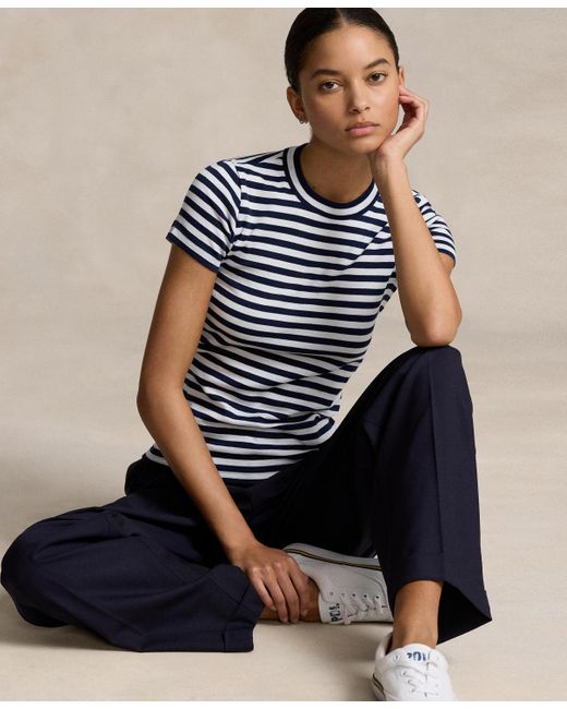 Polo Ralph Lauren Blue Striped Ribbed Cotton Crewneck Tee