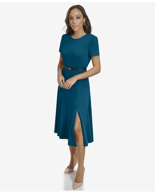 Calvin Klein Blue Short-sleeve Belted Fit & Flare Dress