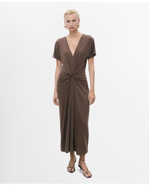 Mango Brown Gathered Neckline V-neck Dress