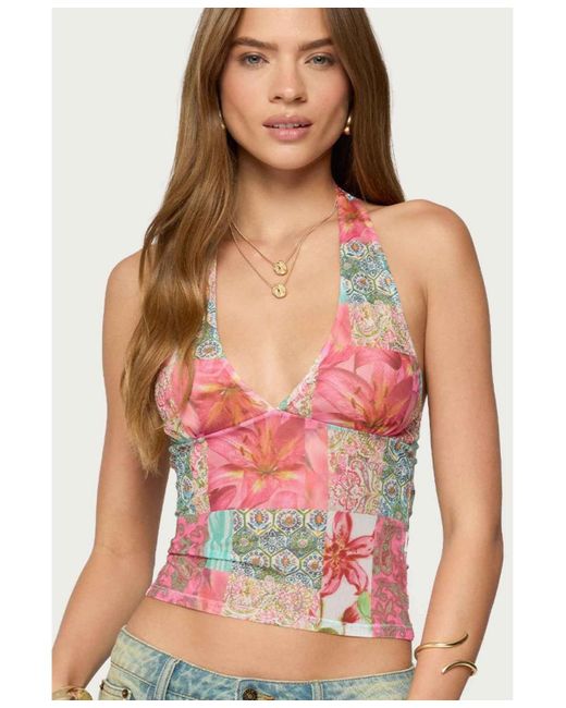 Edikted Red Catie Printed Mesh Halter Top