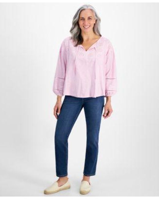Style & Co. Blue Style Co Petite Eyelet Embroidered Top High Rise Natural Straight Leg Jeans Created For Macys