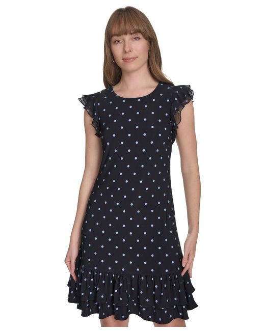 Tommy Hilfiger Blue Dot-print Flutter-sleeve Ruffled-hem Chiffon Dress