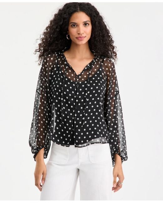 On 34th Black Blouson-sleeve Split-neck Button-front Blouse