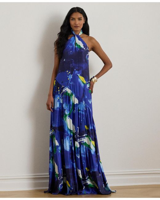 Ralph Lauren Women's Blue Abstract-print Shantung Halter Gown