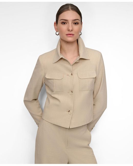 DKNY Natural Seersucker Button-front Cropped Jacket