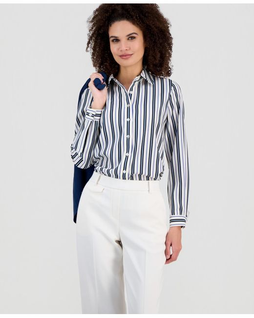 Anne Klein Blue Striped Slim-fit Utility Blouse
