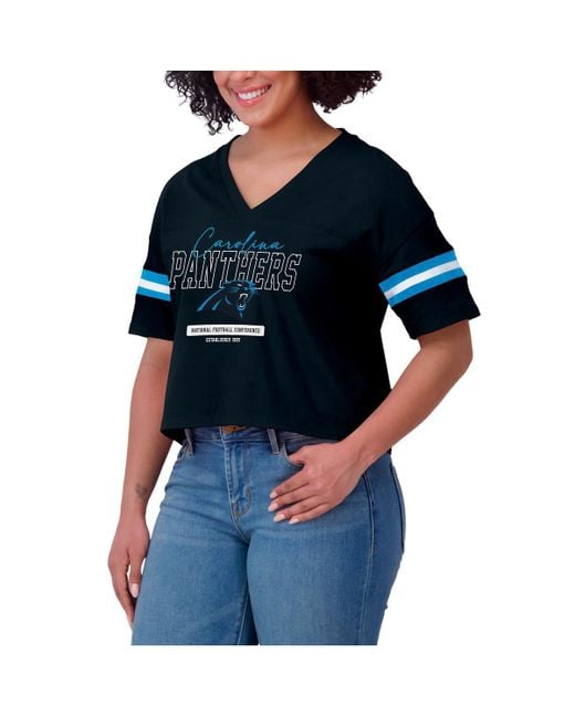WEAR by Erin Andrews Blue Carolina Panthers Color Block Boxy Modest Crop V-neck T-shirt