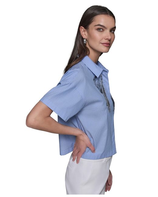 Karl Lagerfeld Blue Sequin-bow Poplin Button-front Top