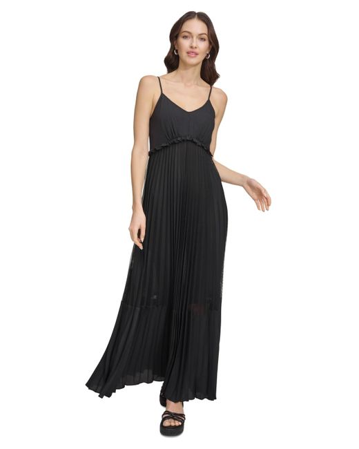 DKNY Black Solid Tiered Pleated Sleeveless Mesh Maxi Dress