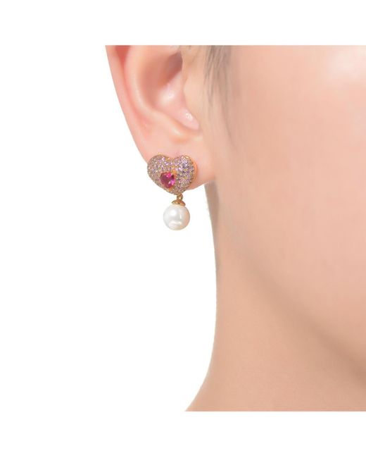 Genevive Jewelry Pink Sterling Silver & 14k Gold-plated Red Cubic Zirconia Heart Earrings