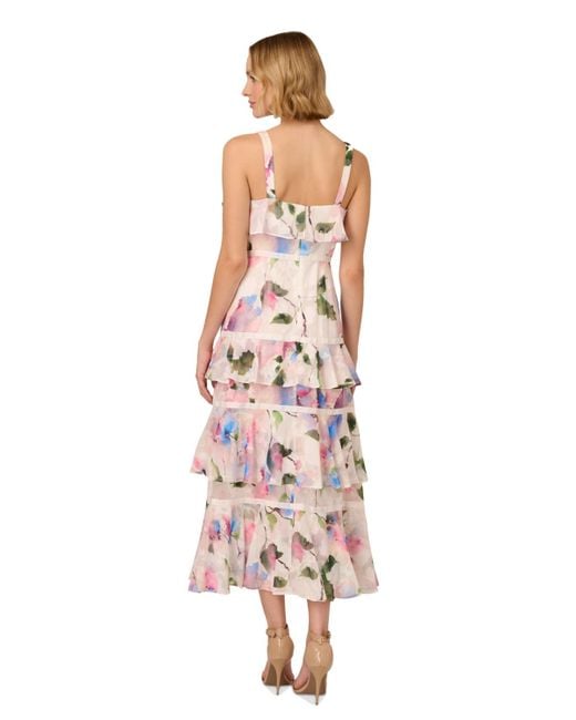 Adrianna Papell Pink Printed Straight-neck Tiered Chiffon Dress