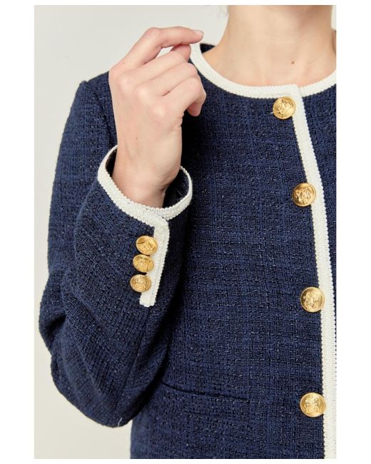 English Factory Blue Collarless Tweed Jacket