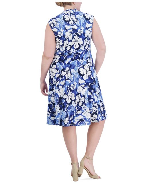 Jessica Howard Blue Plus Size Floral-print Ruched-waist Dress