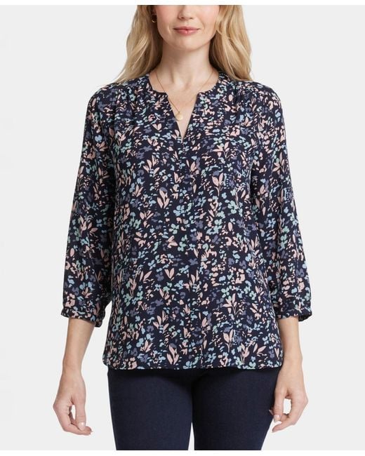 NYDJ Blue Pintuck Split Neck Top
