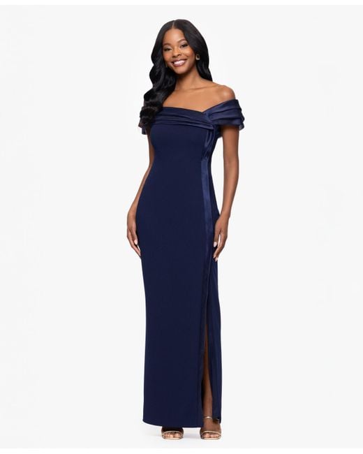 Betsy & Adam Blue Organza Off-the-shoulder Dress