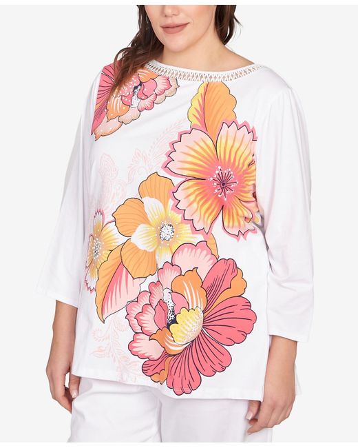 Ruby Rd White Plus Size Floral Pop Knit Top