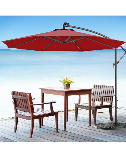 COSTWAY Blue 10' Hanging Solar Led Umbrella Patio Sun Shade Offset Market W/base