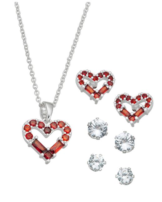 Macy's Red Silver Plate Cubic Zirconia Heart Necklace And Stud Earring Set, 18" + 3" Extender
