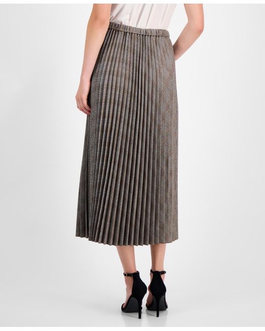 Anne Klein Gray Plaid Pleated Pull-on Midi Skirt