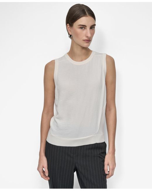 DKNY White Mixed-media Crewneck Sleeveless Sweater