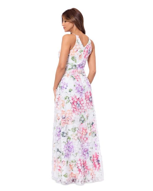Xscape White 3d-applique Floral-print Gown