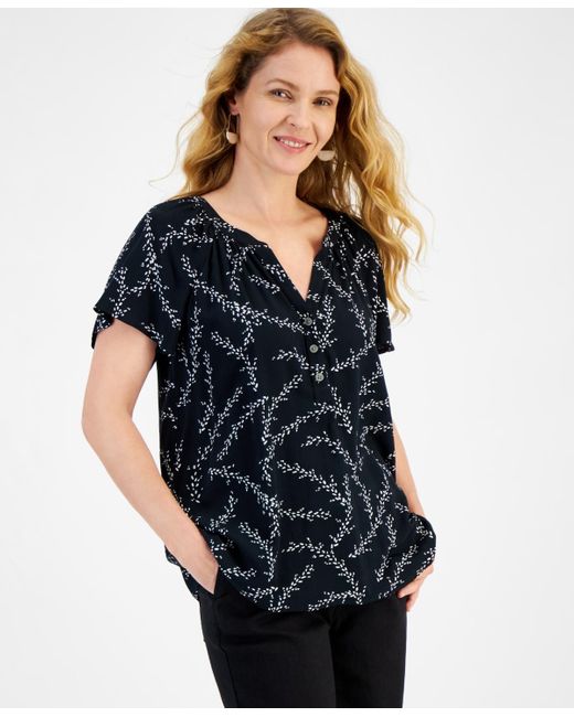 Style & Co. Blue Printed Split-neck Flutter-sleeve Top