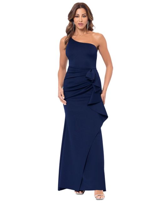 Xscape Blue One-shoulder Scuba Sheath Gown