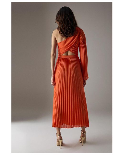Warehouse Red Chiffon One Shoulder Cut Out Midi Dress
