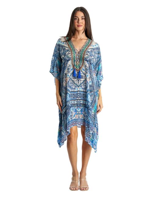 La Moda Clothing Blue V-neck Short Kaftan Dress