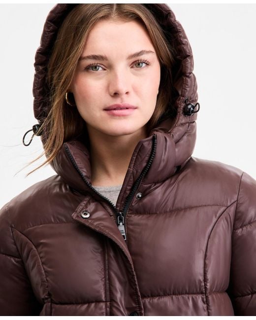 Steve Madden Brown Shiny Hooded Maxi Puffer Coat