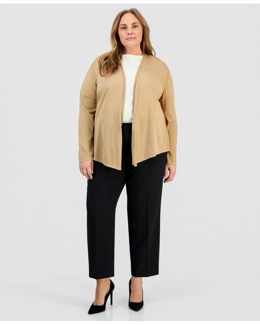 Kasper Natural Plus Size Open-front Stitch-detail Sweater