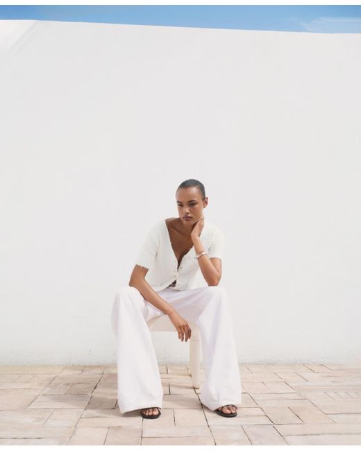 Mango White Short-sleeved Boucle Cardigan