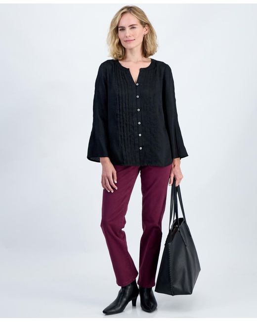 Style & Co. Blue Petite Y-neck Long Bell-sleeve Blouse