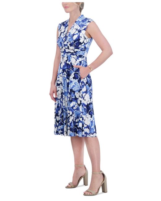 Jessica Howard Blue Petite Tonal Floral Surplice-neck Dress