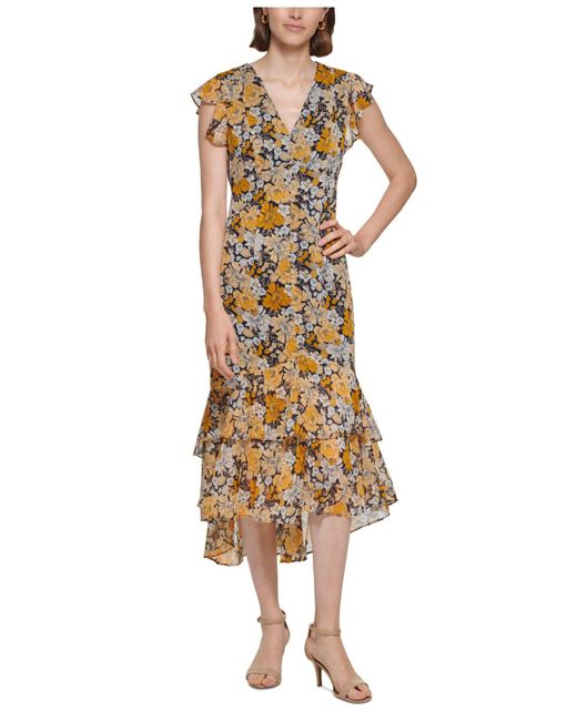 Tommy Hilfiger Synthetic Floral Flutter-sleeve Dress in Metallic | Lyst