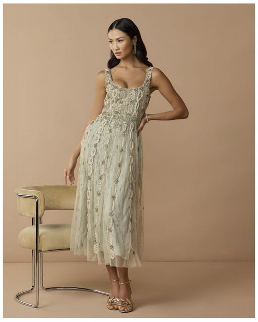 green embellished mesh sleeveless scoop neck midi dress Mac Duggal Petite in Material1: ribbed_knit