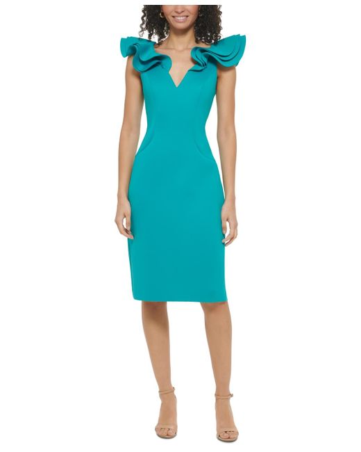 Eliza J Blue Ruffle Cap-sleeve Bodycon Dress