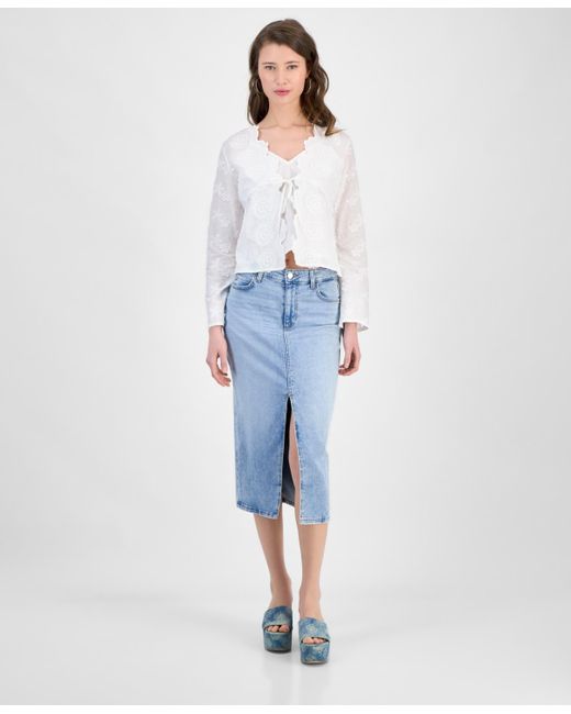 Guess White Long-sleeve Embroidered Tie-front Top