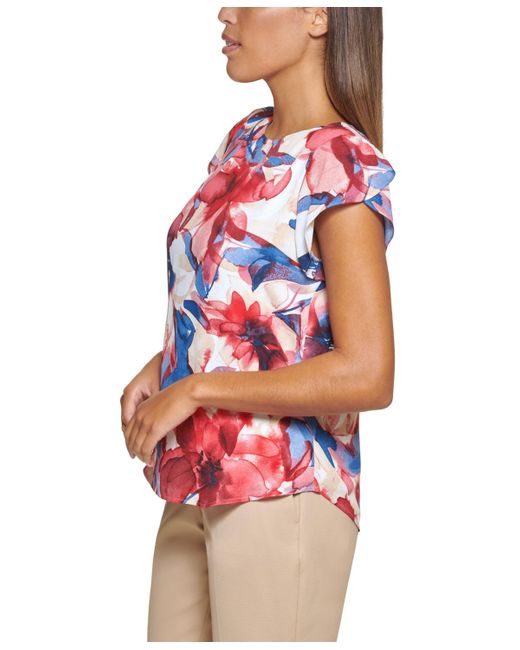 DKNY Red Petite Floral-print Flutter-sleeve Blouse