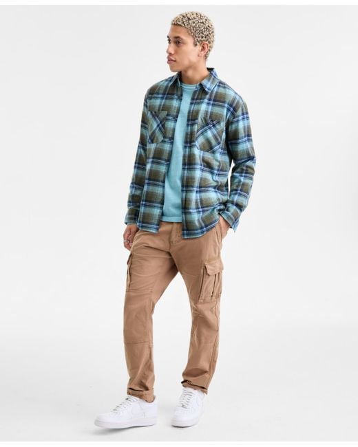 Sun & Stone Blue Sun + Stone Wade Long-sleeve Cotton Flannel Plaid Shirt for men