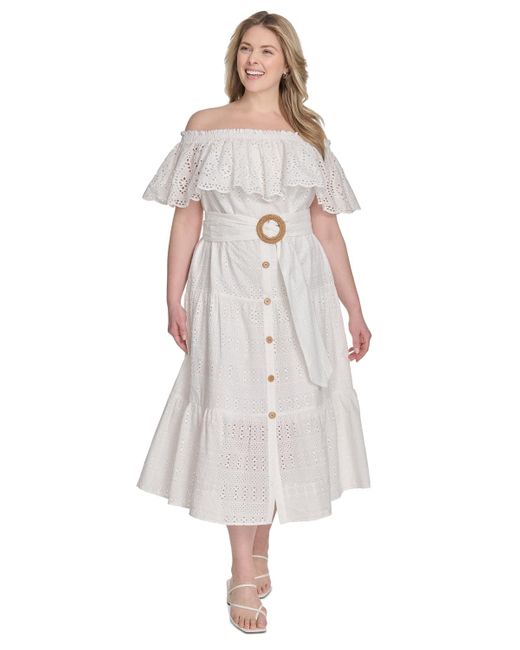 Eliza J White Plus Size Eyelet Off-the-shoulder Belted Midi Dress