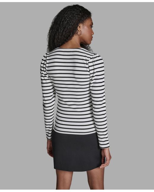 BCBGMAXAZRIA Gray Stripe Square Neck Long-sleeve Top