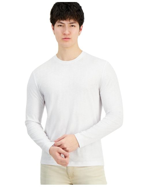 INC International Concepts White Long-sleeve Crewneck Variegated Rib Sweater for men