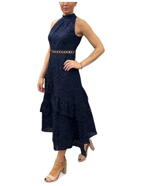 Sam Edelman Blue Eyelet High-neck Sleeveless Tiered Dress