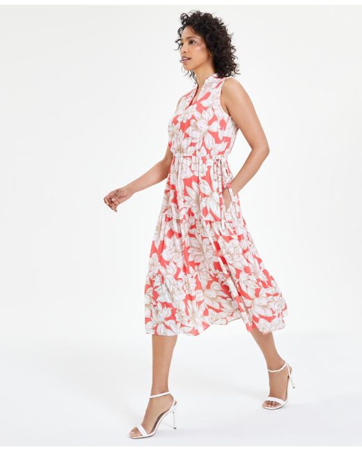 Anne Klein Sleeveless Floral-print Tiered Midi Dress